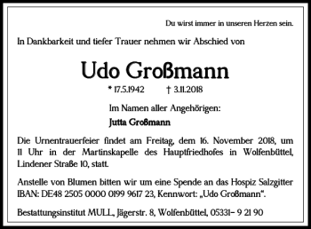 Traueranzeige von Udo Großmann von Wolfenbütteler Zeitung