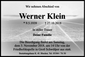 Traueranzeige von Werner Klein von Wolfsburger Nachrichten