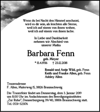 Traueranzeige von Barbara Fenn von Braunschweiger Zeitung