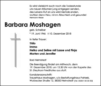 Traueranzeige von Barbara Moshagen von Helmstedter Nachrichten