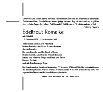 Traueranzeige von Edeltraut Romeike von Braunschweiger Zeitung