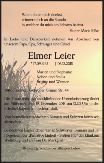 Traueranzeige von Elmer Leier von Helmstedter Nachrichten