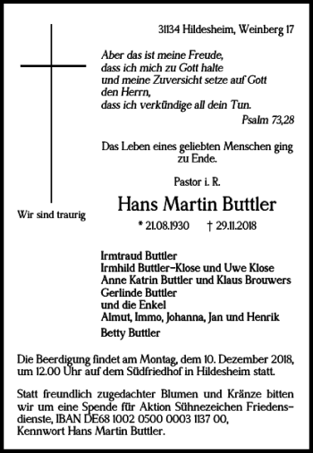 Traueranzeige von Hans Martin Buttler von Wolfenbütteler Zeitung