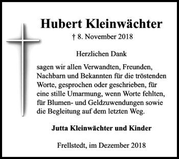 Traueranzeige von Hubert Kleinwächter von Helmstedter Nachrichten