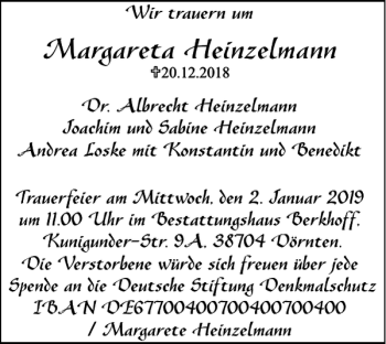 Traueranzeige von Margareta Heinzelmann von Braunschweiger Zeitung