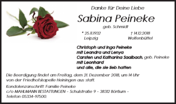 Traueranzeige von Sabina Peineke von Wolfenbütteler Zeitung