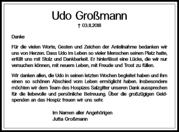 Traueranzeige von Udo Großmann von Braunschweiger Zeitung