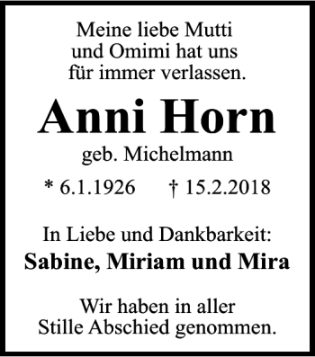 Traueranzeige von Anni Horn von Braunschweiger Zeitung