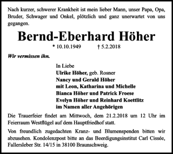 Traueranzeige von Bernd-Eberhard Höher von Braunschweiger Zeitung