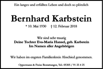 Traueranzeige von Bernhard Karbstein von Braunschweiger Zeitung