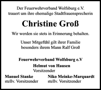 Traueranzeige von Christine Groß von Wolfsburger Nachrichten