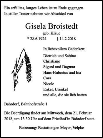 Traueranzeige von Gisela Broistedt von Helmstedter Nachrichten