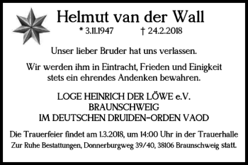 Traueranzeige von Helmut van der Wall von Braunschweiger Zeitung