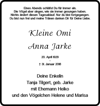 Traueranzeige von Kleine Omi Anna Jarke von Helmstedter Nachrichten