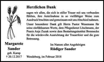 Traueranzeige von Margarete Sander von Peiner Nachrichten