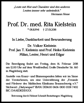 Traueranzeige von Prof. Dr. med. Rita Kielstein von Braunschweiger Zeitung