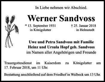 Traueranzeige von Werner Sandvoss von Helmstedter Nachrichten