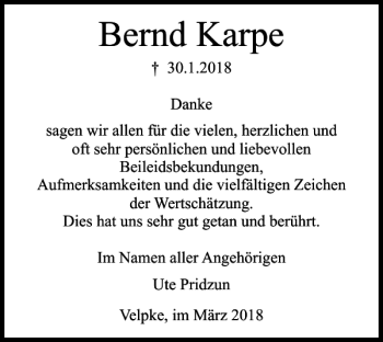 Traueranzeige von Bernd Karpe von Wolfsburger Nachrichten