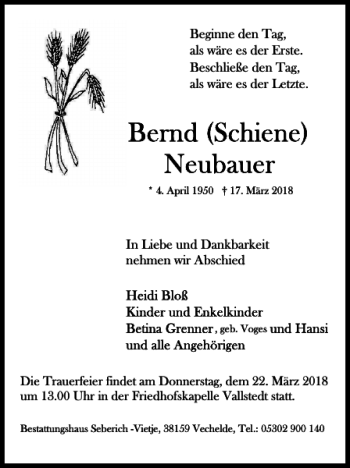 Traueranzeige von Bernd Neubauer von Peiner Nachrichten