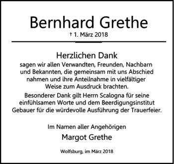 Traueranzeige von Bernhard Grethe von Wolfsburger Nachrichten