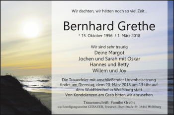 Traueranzeige von Bernhard Grethe von Wolfsburger Nachrichten