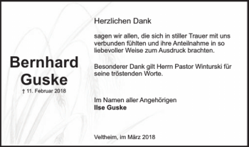 Traueranzeige von Bernhard Guske von Wolfenbütteler Zeitung