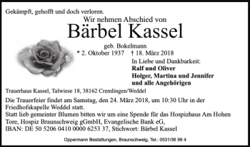 Traueranzeige von Bärbel Kassel von Wolfenbütteler Zeitung