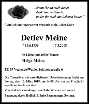 Traueranzeige von Detlev Meine von Peiner Nachrichten