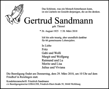 Traueranzeige von Gertrud Sandmann von Wolfsburger Nachrichten