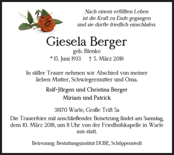 Traueranzeige von Giesela Berger von Wolfenbütteler Zeitung