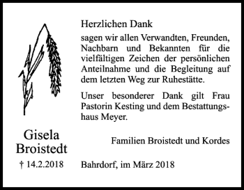 Traueranzeige von Gisela Broistedt von Helmstedter Nachrichten