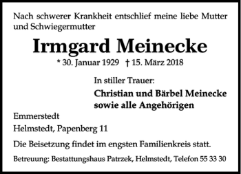 Traueranzeige von Irmgard Meinecke von Helmstedter Nachrichten