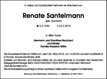 Traueranzeige von Renate Santelmann von Helmstedter Nachrichten