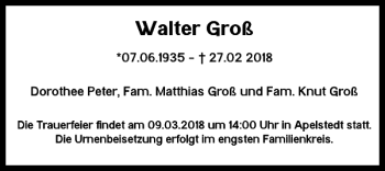 Traueranzeige von Walter Groß von Braunschweiger Zeitung