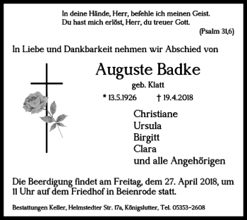 Traueranzeige von Auguste Badke von Helmstedter Nachrichten