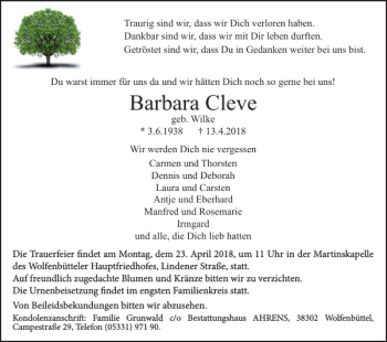 Traueranzeige von Barbara Cleve von Wolfenbütteler Zeitung