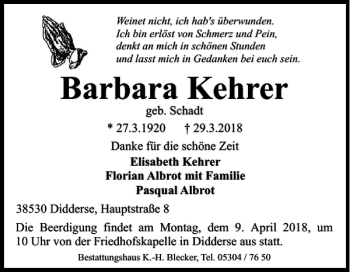 Traueranzeige von Barbara Kehrer von Wolfsburger Nachrichten