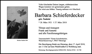 Traueranzeige von Barbara Schieferdecker von Wolfsburger Nachrichten