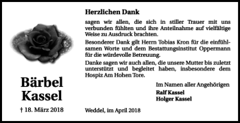 Traueranzeige von Bärbel Kassel von Wolfenbütteler Zeitung