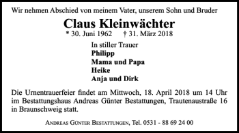 Traueranzeige von Claus Kleinwächter von Braunschweiger Zeitung