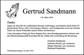 Traueranzeige von Gertrud Sandmann von Wolfsburger Nachrichten