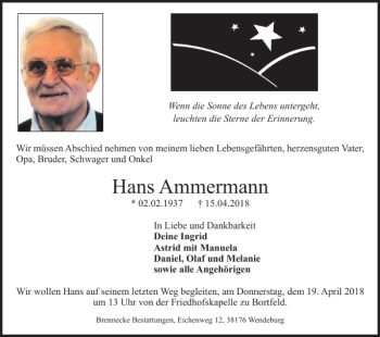 Traueranzeige von Hans Ammermann von Braunschweiger Zeitung