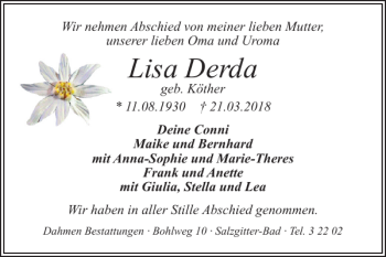 Traueranzeige von Lisa Derda von Salzgitter Zeitung