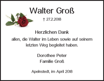 Traueranzeige von Walter Groß von Wolfenbütteler Zeitung