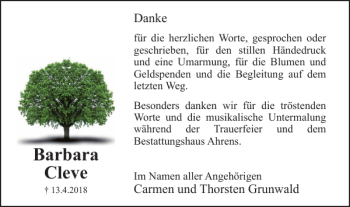 Traueranzeige von Barbara Cleve von Wolfenbütteler Zeitung