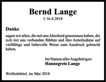 Traueranzeige von Bernd Lange von Wolfenbütteler Zeitung