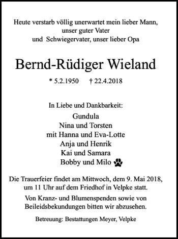 Traueranzeige von Bernd-Rüdiger Wieland von Wolfsburger Nachrichten