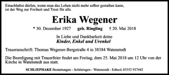 Traueranzeige von Erika Wegener von Helmstedter Nachrichten