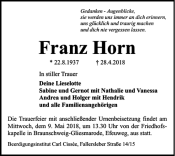 Traueranzeige von Franz Horn von Braunschweiger Zeitung