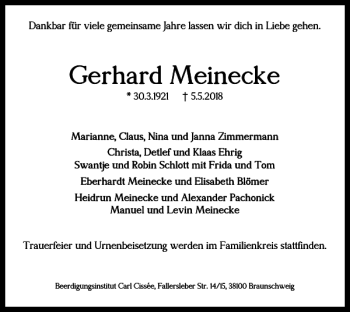 Traueranzeige von Gerhard Meinecke von Braunschweiger Zeitung